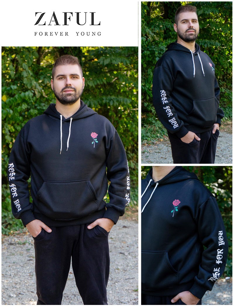 ZAFUL Men's Fleece Hoodie Unisex Rose Letter Print Hooded Pullover Kangaroo Pocket Sweatshirt Black M - Image 3